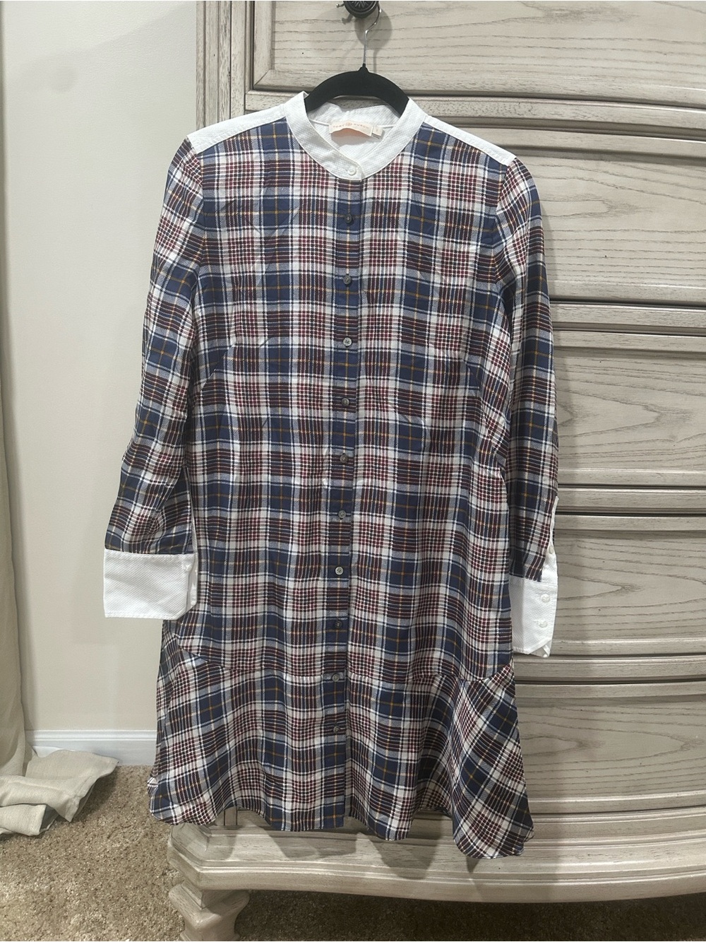 Tory Burch Navy, Brown & White Plaid Long-Sleeve Tunic Dress
